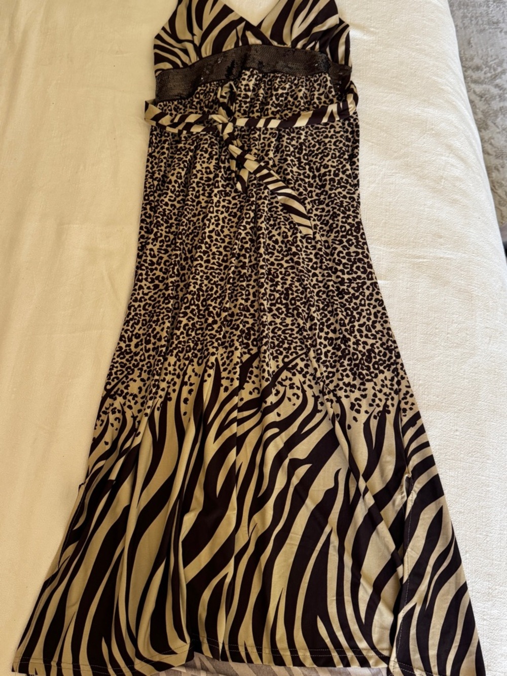 Animal-Print Black and tan Maxi Dress with Waist Tie